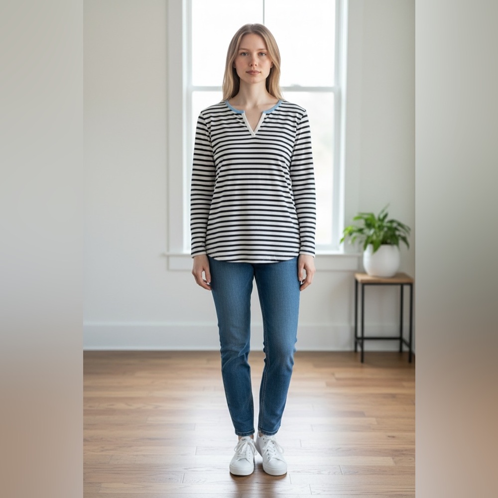 Jones New York Sport Striped Blouse XL Black White Roll Tab Sleeve Casual Top